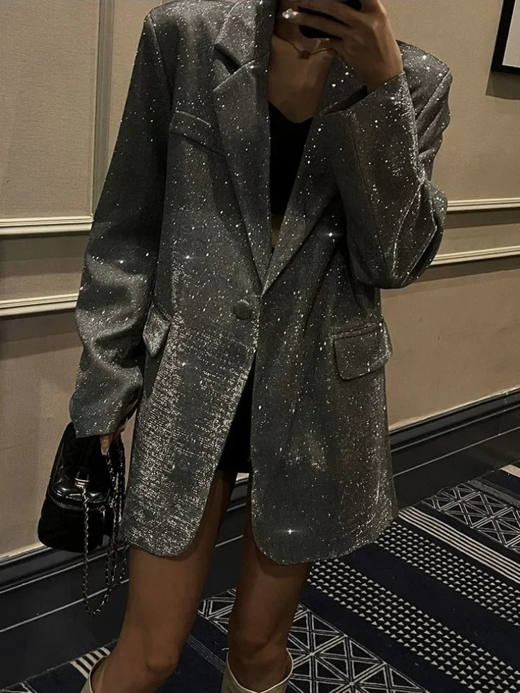 Sequin Glitter Lapel Suit Outwear for Women – Long Sleeve Fashion Coat