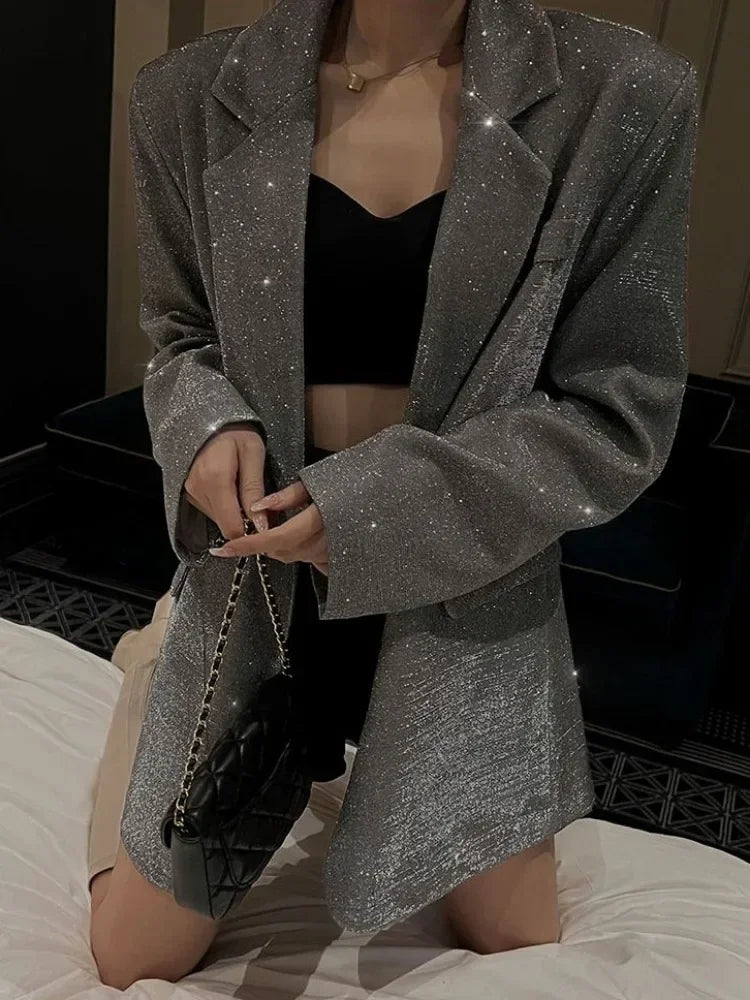 Sequin Glitter Lapel Suit Outwear for Women – Long Sleeve Fashion Coat