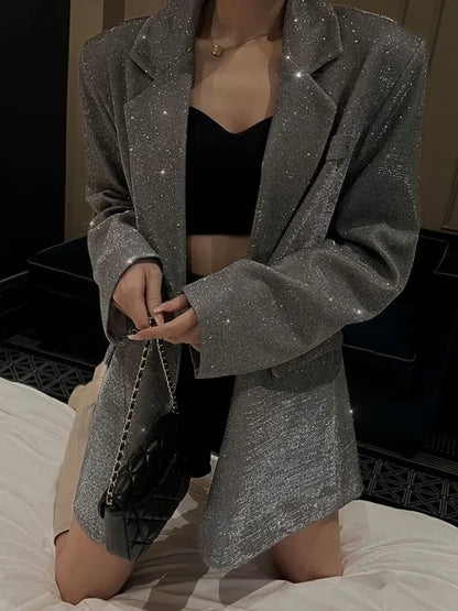 Sequin Glitter Lapel Suit Outwear for Women – Long Sleeve Fashion Coat