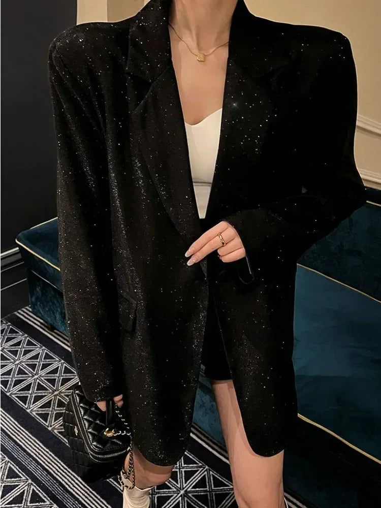 Sequin Glitter Lapel Suit Outwear for Women – Long Sleeve Fashion Coat