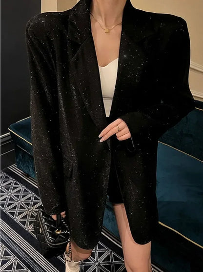 Sequin Glitter Lapel Suit Outwear for Women – Long Sleeve Fashion Coat