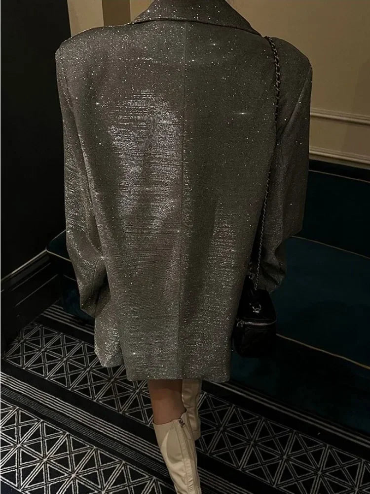 Sequin Glitter Lapel Suit Outwear for Women – Long Sleeve Fashion Coat