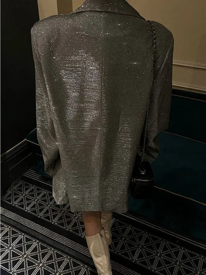 Sequin Glitter Lapel Suit Outwear for Women – Long Sleeve Fashion Coat