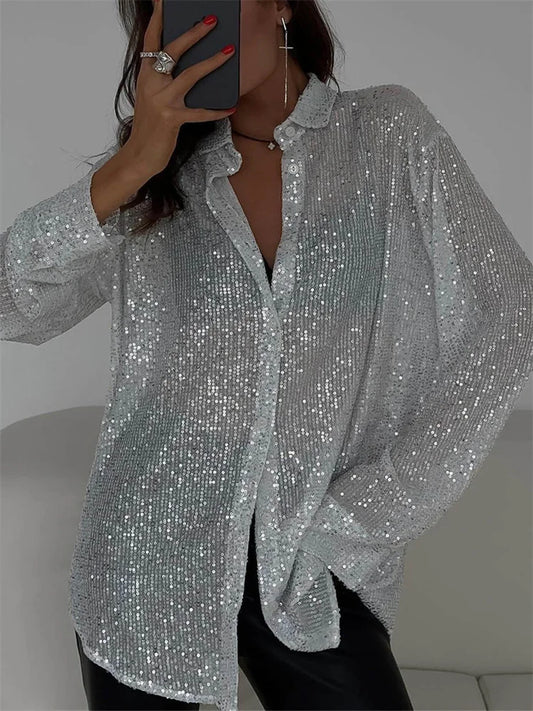 Camisas sueltas de lentejuelas a la moda para mujer, cárdigan informal con solapa, ropa de verano, nueva prenda exterior con purpurina, blusa de fiesta de lujo para mujer