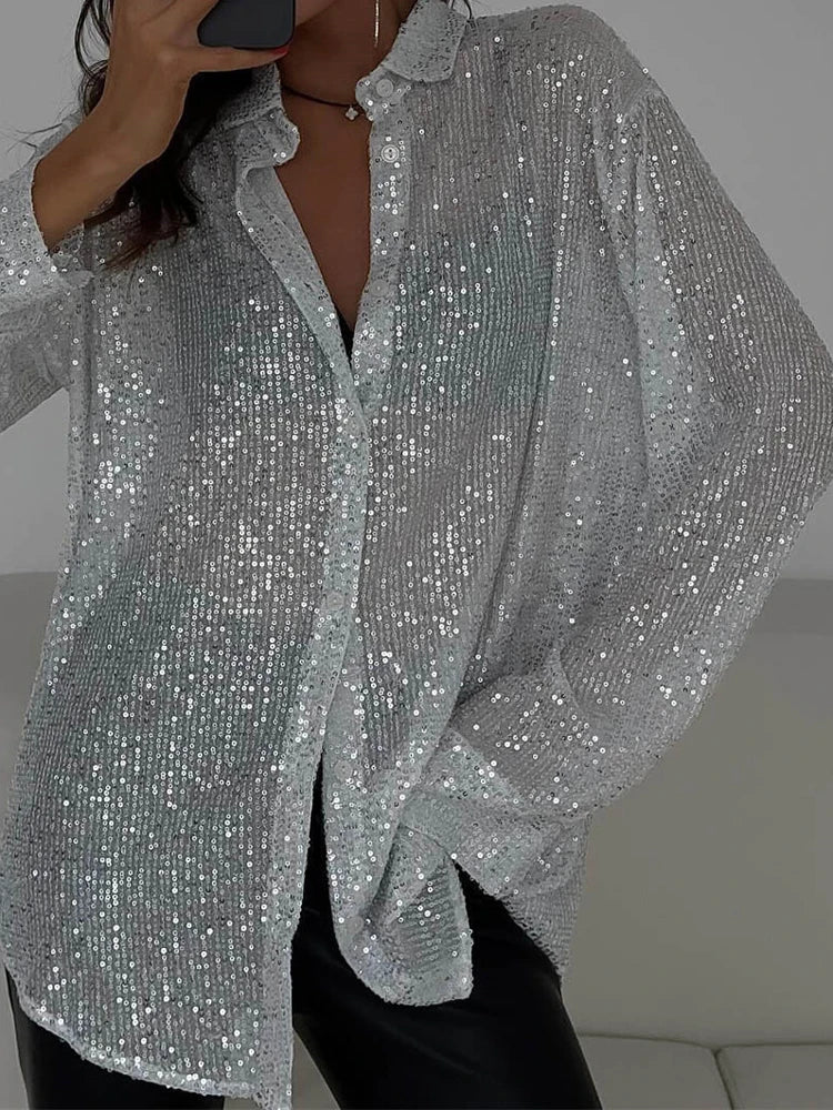 Camisas sueltas de lentejuelas a la moda para mujer, cárdigan informal con solapa, ropa de verano, nueva prenda exterior con purpurina, blusa de fiesta de lujo para mujer