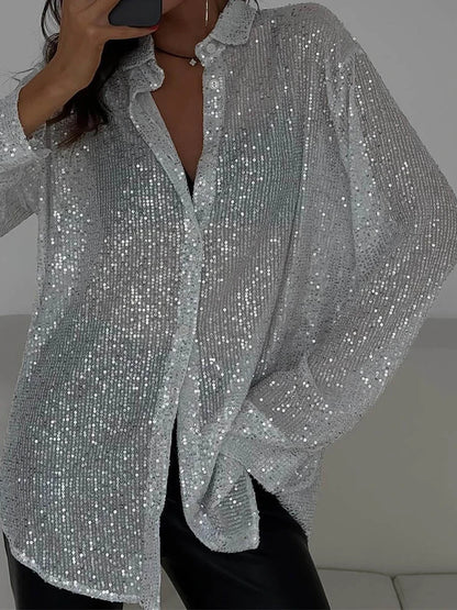 Camisas sueltas de lentejuelas a la moda para mujer, cárdigan informal con solapa, ropa de verano, nueva prenda exterior con purpurina, blusa de fiesta de lujo para mujer