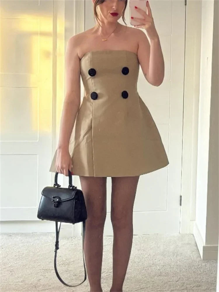 Vestido mini sexy con escote bandeau para mujer, de retazos, ajustado, sin espalda, liso, de calle, de cintura alta, con hombros descubiertos, ajustado para mujer