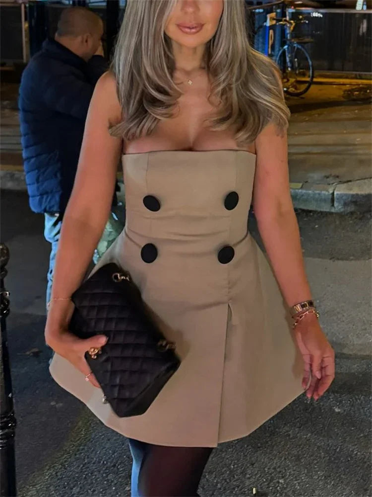 Vestido mini sexy con escote bandeau para mujer, de retazos, ajustado, sin espalda, liso, de calle, de cintura alta, con hombros descubiertos, ajustado para mujer