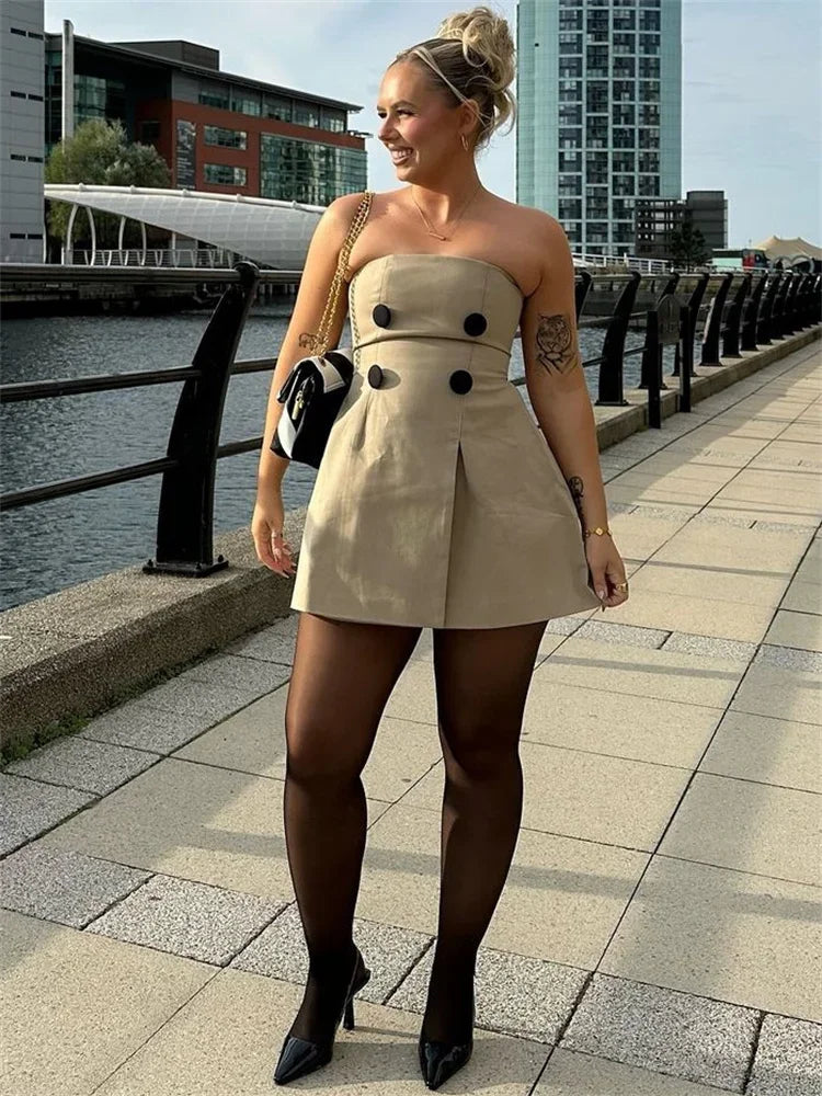 Vestido mini sexy con escote bandeau para mujer, de retazos, ajustado, sin espalda, liso, de calle, de cintura alta, con hombros descubiertos, ajustado para mujer