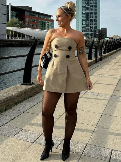 Vestido mini sexy con escote bandeau para mujer, de retazos, ajustado, sin espalda, liso, de calle, de cintura alta, con hombros descubiertos, ajustado para mujer