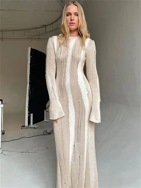 Vestido maxi sexy de punto calado para mujer, elegante, ajustado, de moda, de manga larga, para fiesta, otoño 2025, vestido de punto para mujer