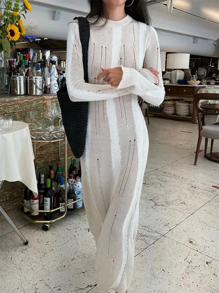 Vestido maxi sexy de punto calado para mujer, elegante, ajustado, de moda, de manga larga, para fiesta, otoño 2025, vestido de punto para mujer