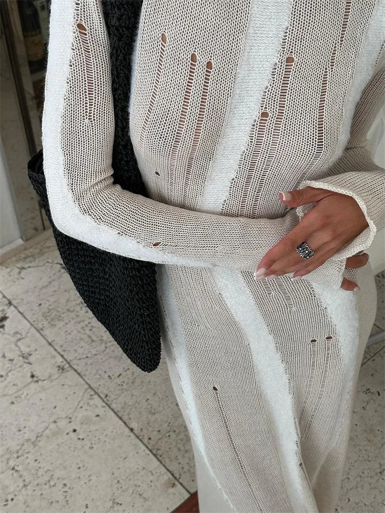 Vestido maxi sexy de punto calado para mujer, elegante, ajustado, de moda, de manga larga, para fiesta, otoño 2025, vestido de punto para mujer