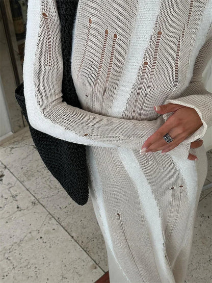 Vestido maxi sexy de punto calado para mujer, elegante, ajustado, de moda, de manga larga, para fiesta, otoño 2025, vestido de punto para mujer
