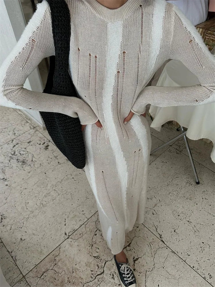Vestido maxi sexy de punto calado para mujer, elegante, ajustado, de moda, de manga larga, para fiesta, otoño 2025, vestido de punto para mujer