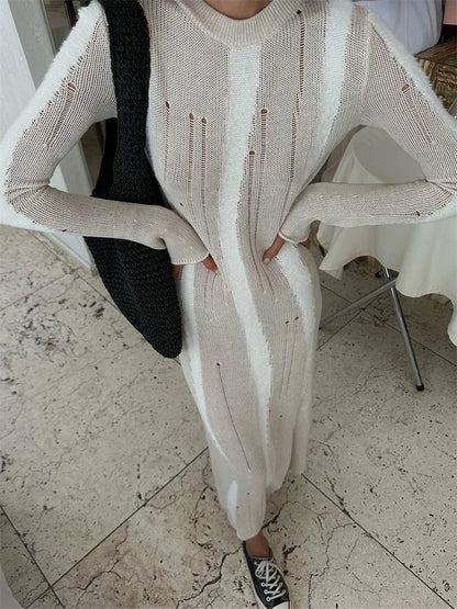 Vestido maxi sexy de punto calado para mujer, elegante, ajustado, de moda, de manga larga, para fiesta, otoño 2025, vestido de punto para mujer