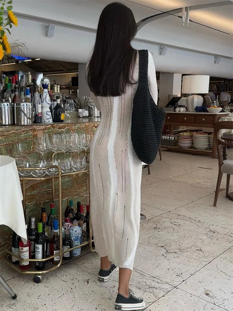 Vestido maxi sexy de punto calado para mujer, elegante, ajustado, de moda, de manga larga, para fiesta, otoño 2025, vestido de punto para mujer