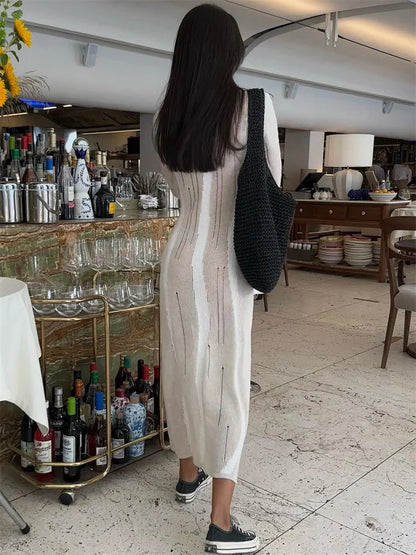 Vestido maxi sexy de punto calado para mujer, elegante, ajustado, de moda, de manga larga, para fiesta, otoño 2025, vestido de punto para mujer