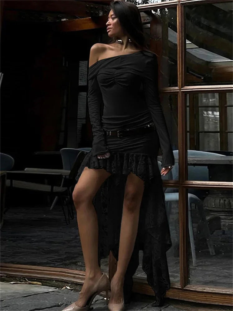 Sexy Lace Patchwork Mini Dress Women’s Off-Shoulder Fashion Long Sleeve High Waist Pleated Party Dress Female Mini Dress