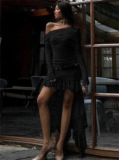 Sexy Lace Patchwork Mini Dress Women’s Off-Shoulder Fashion Long Sleeve High Waist Pleated Party Dress Female Mini Dress