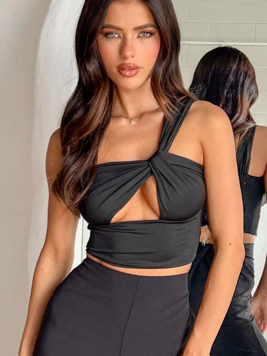 Sexy One Shoulder Twist Bandage Top Women Sleeveless Front Cut Out Criss Cross Casual Backless Club Party Crop Top Lady