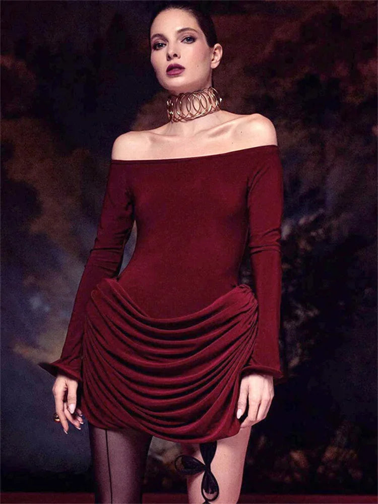 Sexy Pleated Fashion Mini Dress Women’s Off-Shoulder High Waist Elegant Long Sleeve Party Dress Female Solid Bodycon Dress
