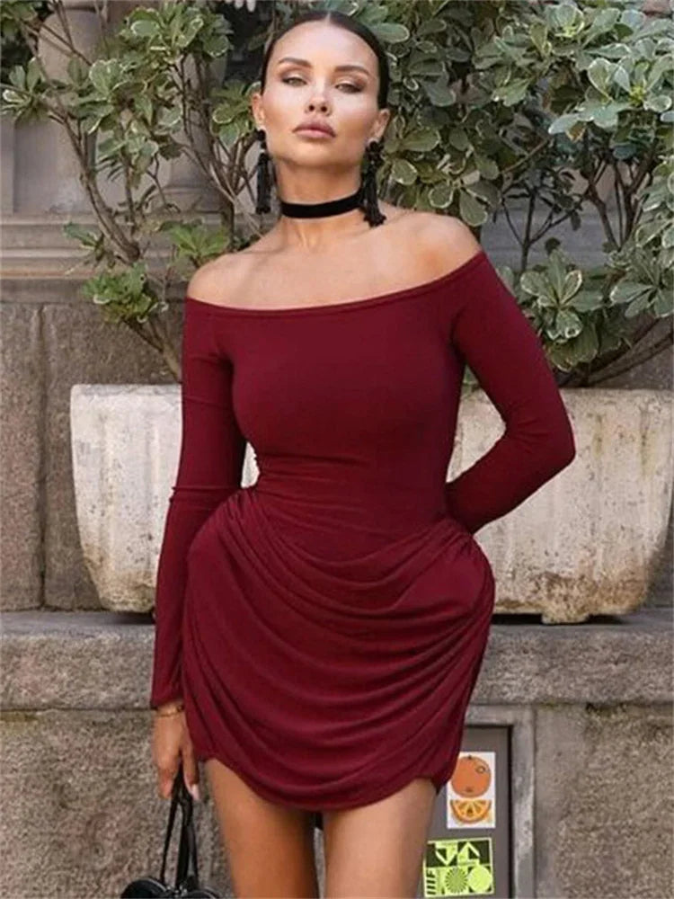 Sexy Pleated Fashion Mini Dress Women’s Off-Shoulder High Waist Elegant Long Sleeve Party Dress Female Solid Bodycon Dress