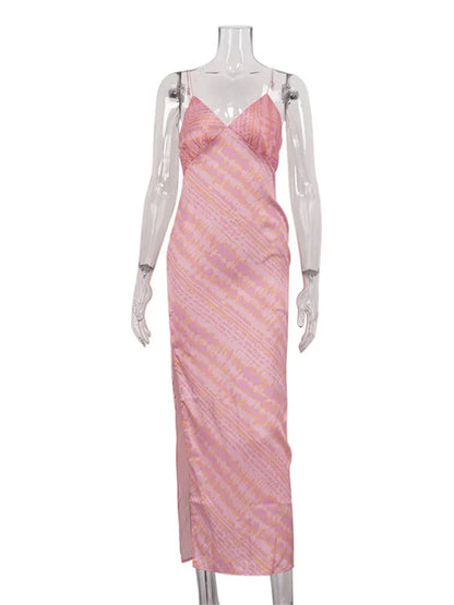 Vestido largo sexy con estampado en contraste para mujer, escote en V, espalda descubierta, abertura lateral, moda ajustada, vestido de fiesta de otoño, ropa femenina