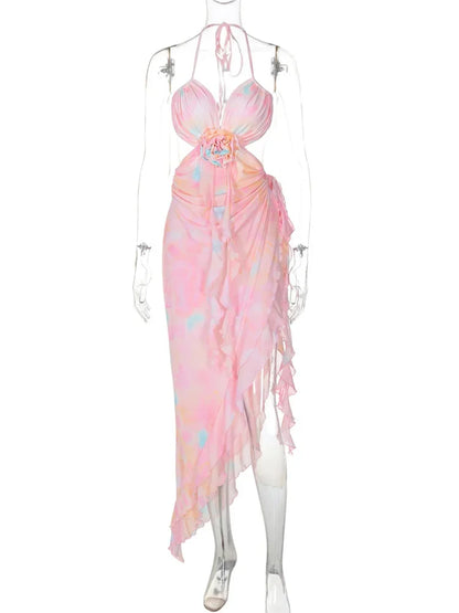 Vestido largo de malla con estampado sexy para mujer, con cordones, flores, espalda descubierta, fruncido, a la moda, de verano