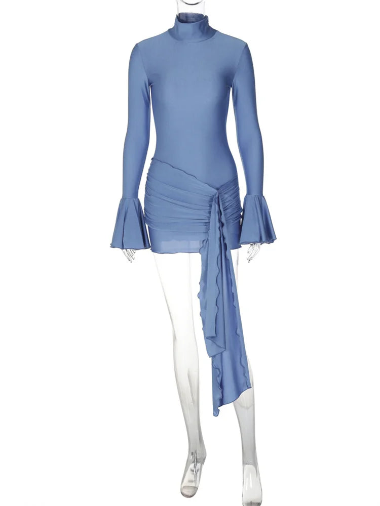 Vestido mini sexy ajustado con volantes y cuello alto de manga larga para mujer, vestido de fiesta elegante con borlas a la moda para otoño.