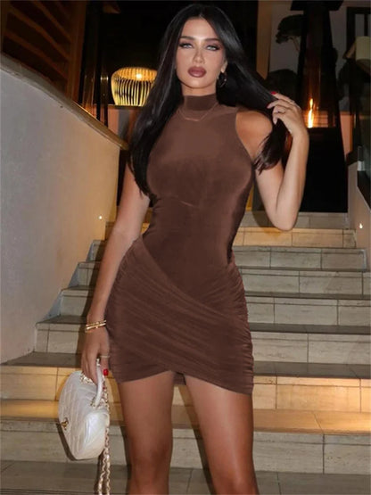 Vestido mini sexy sin mangas con diseño de patchwork para mujer, liso, ajustado, plisado, de cintura alta, informal, para fiesta, nuevo