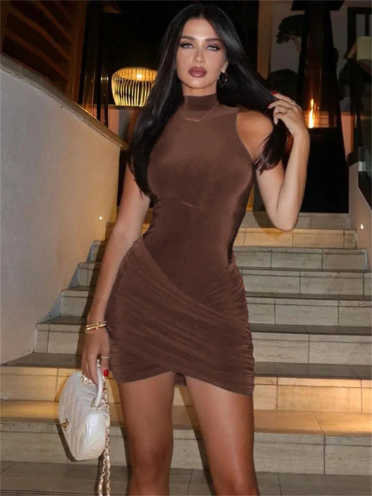 Vestido mini sexy sin mangas con diseño de patchwork para mujer, liso, ajustado, plisado, de cintura alta, informal, para fiesta, nuevo