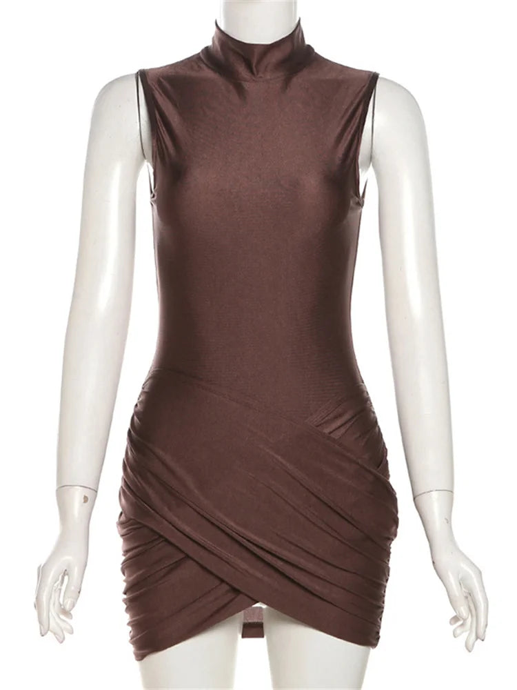 Vestido mini sexy sin mangas con diseño de patchwork para mujer, liso, ajustado, plisado, de cintura alta, informal, para fiesta, nuevo