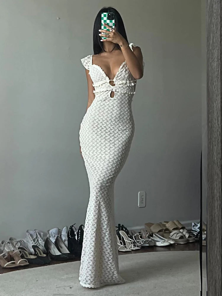 Sexy V-neck Knitted Hollow long Dress For Women Hip Wrap Sleeveless Fashion Solid Evening Party Maxi Knitwear Dress 2025