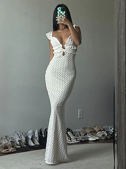 Sexy V-neck Knitted Hollow long Dress For Women Hip Wrap Sleeveless Fashion Solid Evening Party Maxi Knitwear Dress 2025