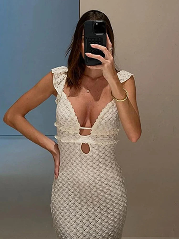 Sexy V-neck Knitted Hollow long Dress For Women Hip Wrap Sleeveless Fashion Solid Evening Party Maxi Knitwear Dress 2025
