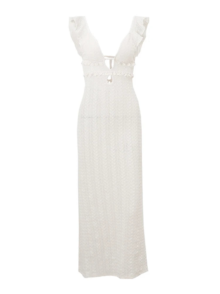 Vestido largo de punto con escote en V para mujer, sexy, sin mangas, ajustado, liso, para fiesta de noche, 2025