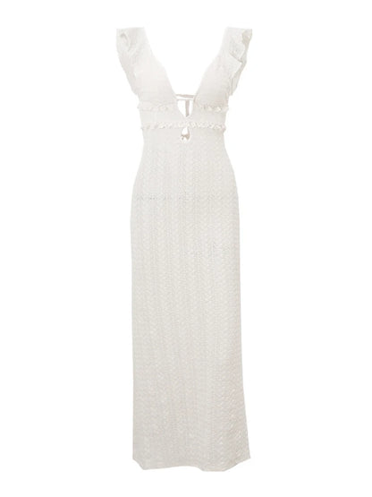 Sexy V-neck Knitted Hollow long Dress For Women Hip Wrap Sleeveless Fashion Solid Evening Party Maxi Knitwear Dress 2025