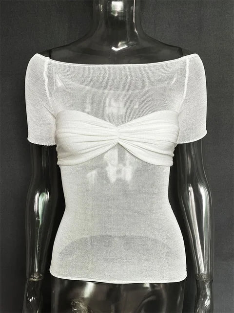 Short Sleeve Mesh Top Shirt For Women Off-Shoulder See-Through Knit Sexy Pullover Summer Sheer New 2025 Ladies T-shirt