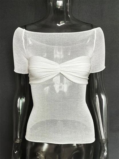 Short Sleeve Mesh Top Shirt For Women Off-Shoulder See-Through Knit Sexy Pullover Summer Sheer New 2025 Ladies T-shirt