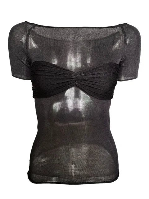 Short Sleeve Mesh Top Shirt For Women Off-Shoulder See-Through Knit Sexy Pullover Summer Sheer New 2025 Ladies T-shirt