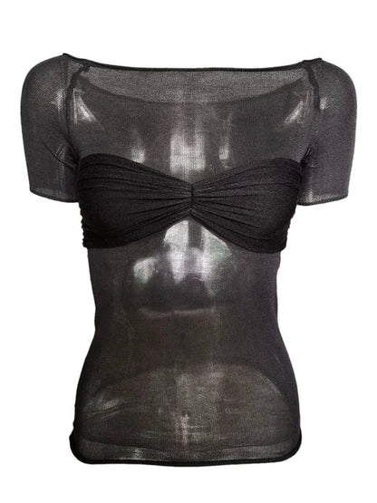 Short Sleeve Mesh Top Shirt For Women Off-Shoulder See-Through Knit Sexy Pullover Summer Sheer New 2025 Ladies T-shirt