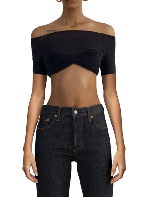 Short Sleeve Mesh Top Shirt For Women Off-Shoulder See-Through Knit Sexy Pullover Summer Sheer New 2025 Ladies T-shirt