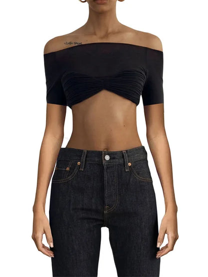 Short Sleeve Mesh Top Shirt For Women Off-Shoulder See-Through Knit Sexy Pullover Summer Sheer New 2025 Ladies T-shirt