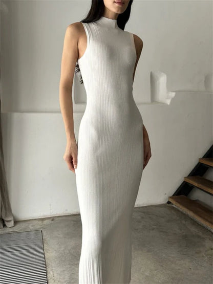 Sleeveless Knitwear Turtleneck Long Dress Female Slim Elegant Fashion Autumn 2025 Ribbed Knit Dress For Women Maxi Dress