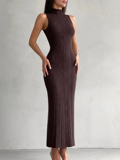 Sleeveless Knitwear Turtleneck Long Dress Female Slim Elegant Fashion Autumn 2025 Ribbed Knit Dress For Women Maxi Dress