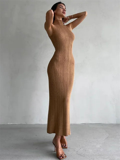 Sleeveless Knitwear Turtleneck Long Dress Female Slim Elegant Fashion Autumn 2025 Ribbed Knit Dress For Women Maxi Dress