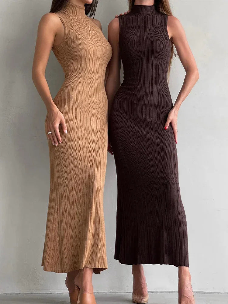 Sleeveless Knitwear Turtleneck Long Dress Female Slim Elegant Fashion Autumn 2025 Ribbed Knit Dress For Women Maxi Dress