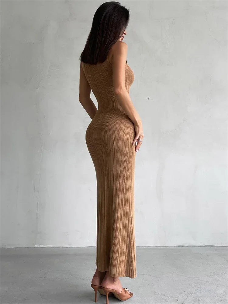 Sleeveless Knitwear Turtleneck Long Dress Female Slim Elegant Fashion Autumn 2025 Ribbed Knit Dress For Women Maxi Dress