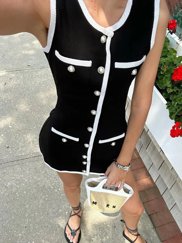 Vestido mini de patchwork sin mangas con cárdigan de bolsillo y cintura alta
